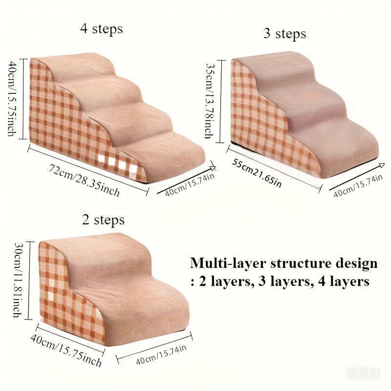 3-Step Polyester Pet Stairs with Non-Slip Base - Soft Fabric, Checkered Design, Ideal for Small and Medium Dogs & Cats, Removable Cover for Easy Cleaning, Pet Stairs | Checkered Pattern | Soft Fabric Stairs, Pet Stairs for Do
