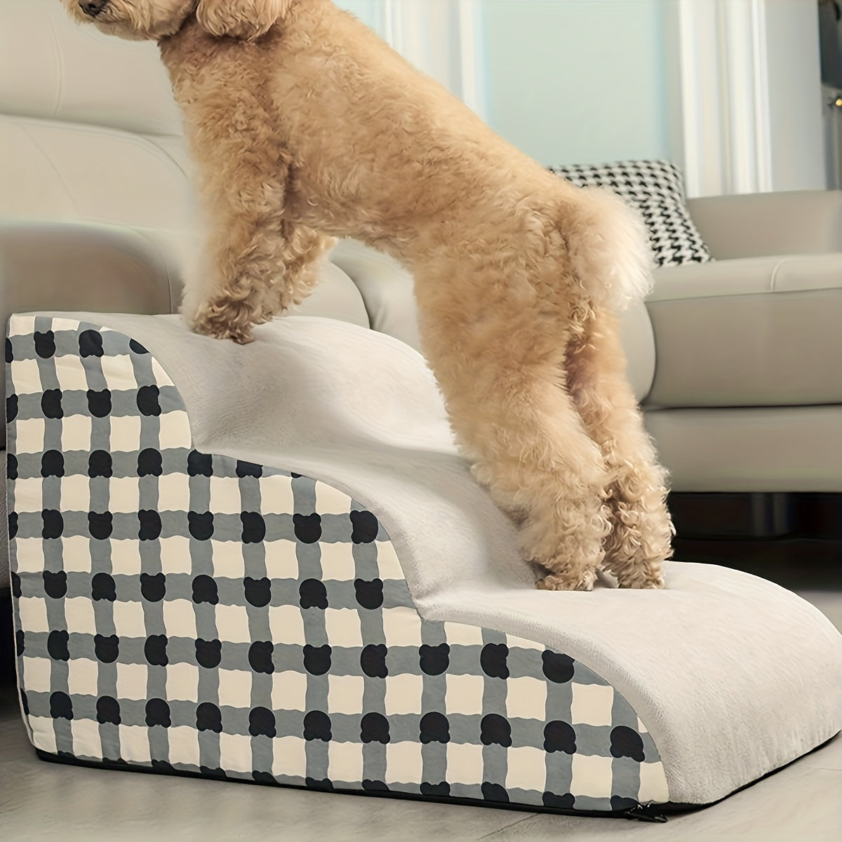 3-Step Polyester Pet Stairs with Non-Slip Base - Soft Fabric, Checkered Design, Ideal for Small and Medium Dogs & Cats, Removable Cover for Easy Cleaning, Pet Stairs | Checkered Pattern | Soft Fabric Stairs, Pet Stairs for Do