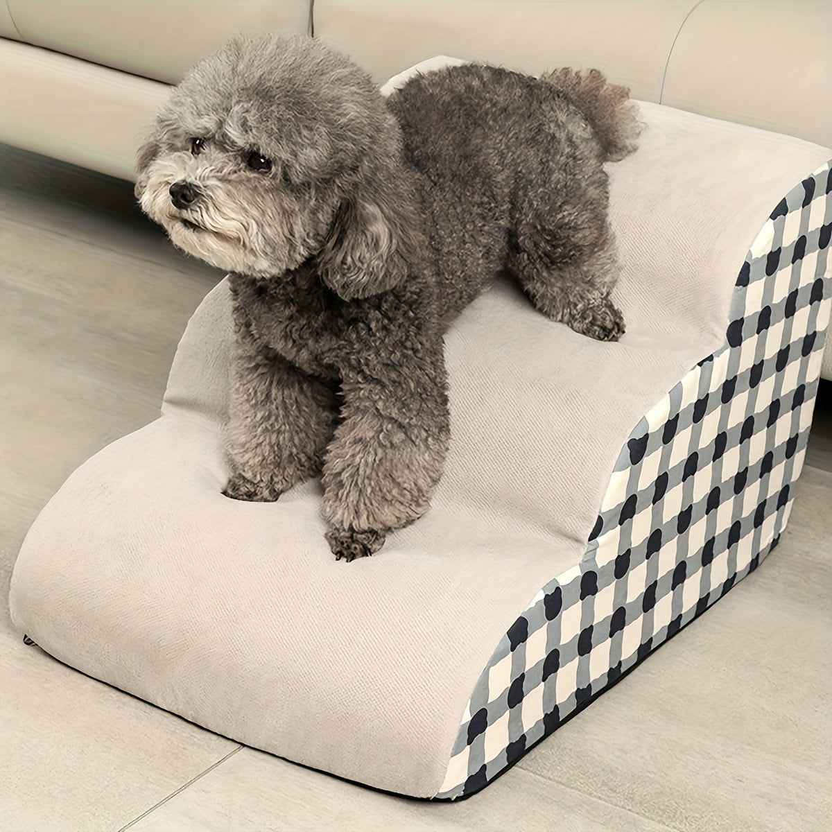 3-Step Polyester Pet Stairs with Non-Slip Base - Soft Fabric, Checkered Design, Ideal for Small and Medium Dogs & Cats, Removable Cover for Easy Cleaning, Pet Stairs | Checkered Pattern | Soft Fabric Stairs, Pet Stairs for Do