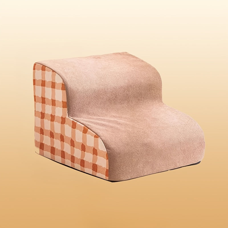 3-Step Polyester Pet Stairs with Non-Slip Base - Soft Fabric, Checkered Design, Ideal for Small and Medium Dogs & Cats, Removable Cover for Easy Cleaning, Pet Stairs | Checkered Pattern | Soft Fabric Stairs, Pet Stairs for Do