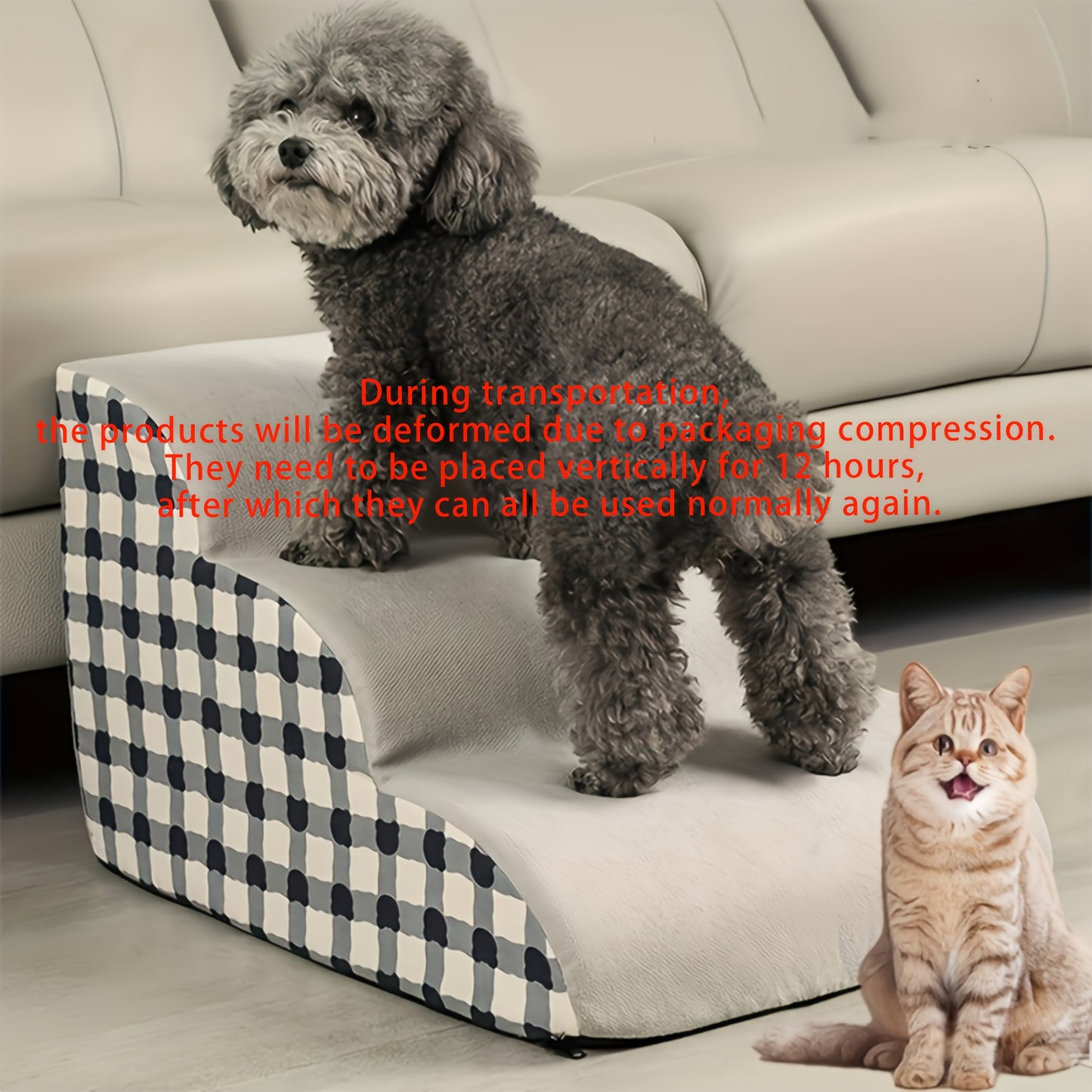 3-Step Polyester Pet Stairs with Non-Slip Base - Soft Fabric, Checkered Design, Ideal for Small and Medium Dogs & Cats, Removable Cover for Easy Cleaning, Pet Stairs | Checkered Pattern | Soft Fabric Stairs, Pet Stairs for Do