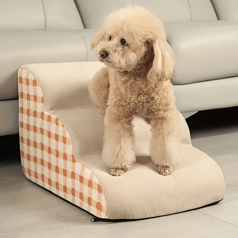 3-Step Polyester Pet Stairs with Non-Slip Base - Soft Fabric, Checkered Design, Ideal for Small and Medium Dogs & Cats, Removable Cover for Easy Cleaning, Pet Stairs | Checkered Pattern | Soft Fabric Stairs, Pet Stairs for Do