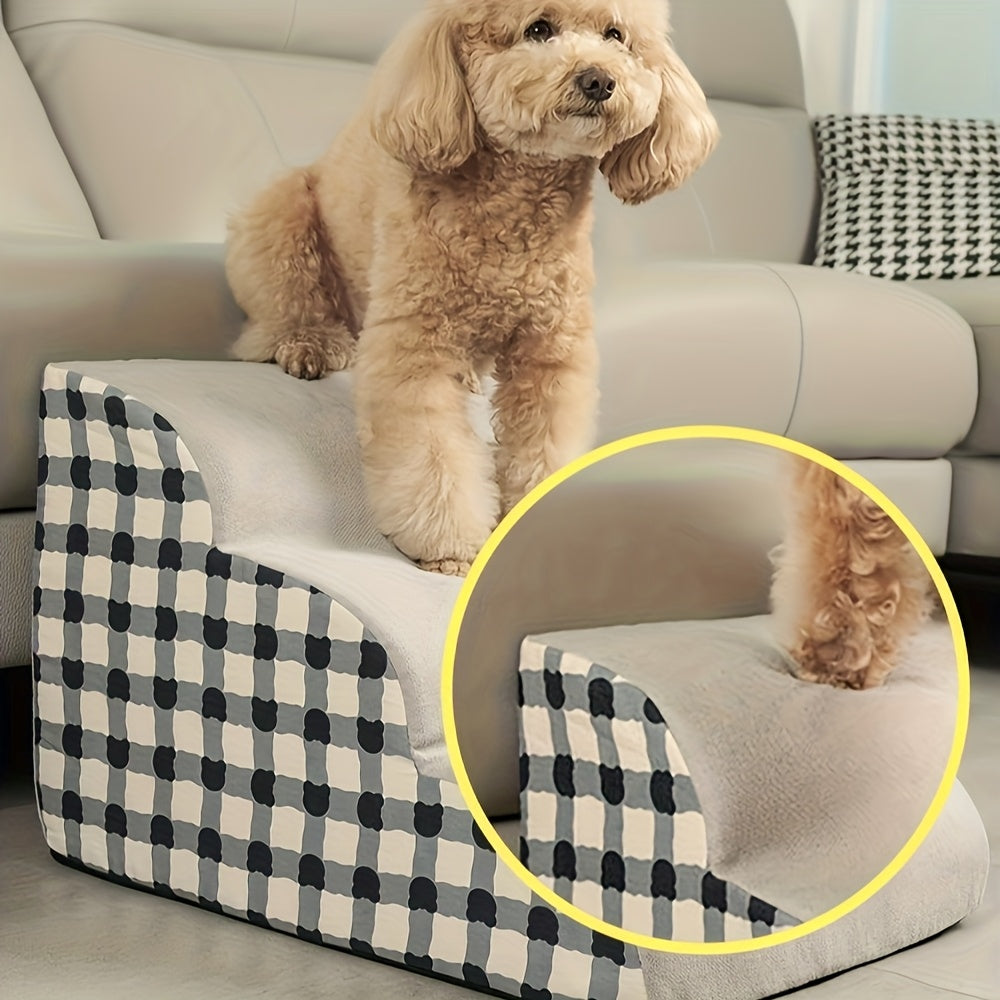 3-Step Polyester Pet Stairs with Non-Slip Base - Soft Fabric, Checkered Design, Ideal for Small and Medium Dogs & Cats, Removable Cover for Easy Cleaning, Pet Stairs | Checkered Pattern | Soft Fabric Stairs, Pet Stairs for Do