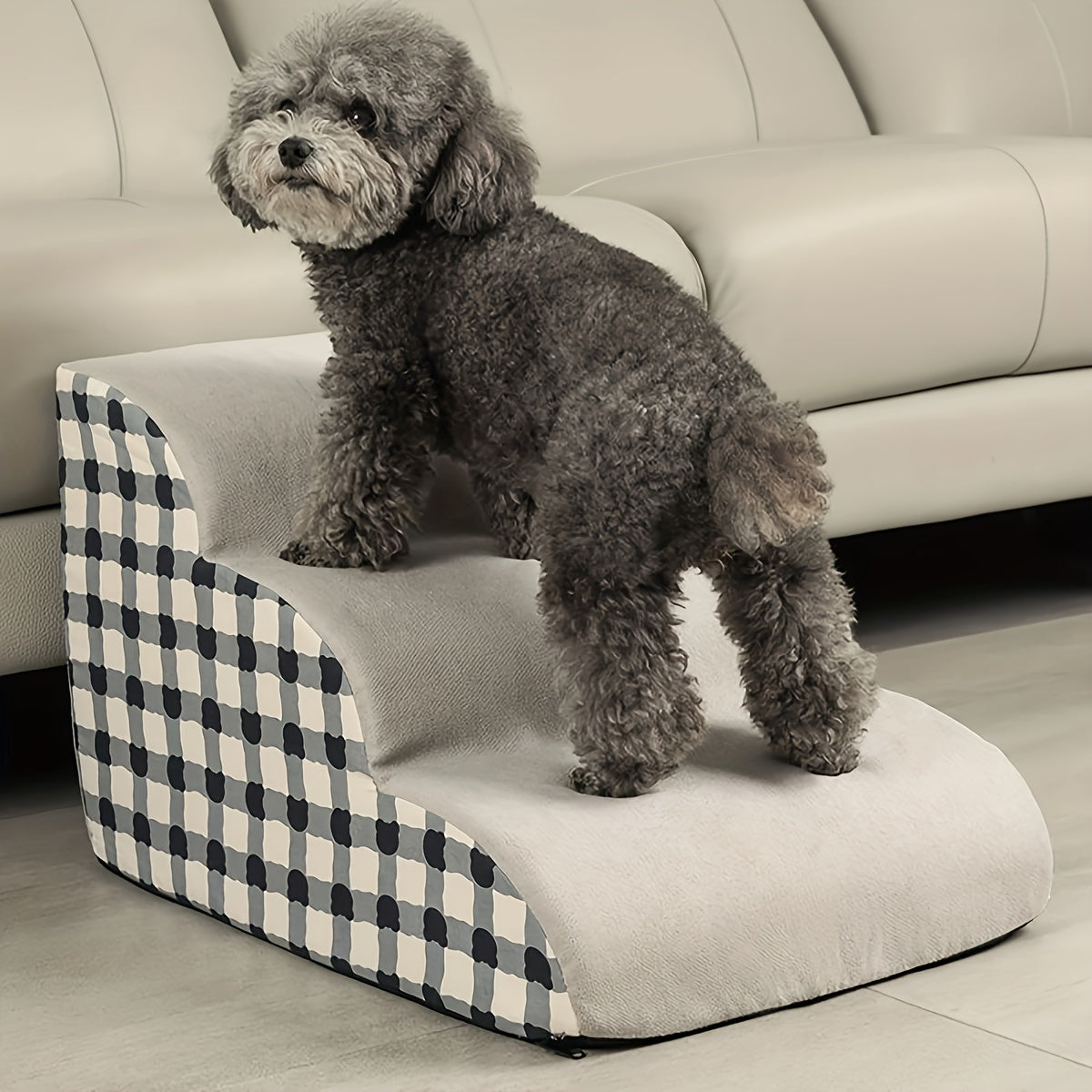 3-Step Polyester Pet Stairs with Non-Slip Base - Soft Fabric, Checkered Design, Ideal for Small and Medium Dogs & Cats, Removable Cover for Easy Cleaning, Pet Stairs | Checkered Pattern | Soft Fabric Stairs, Pet Stairs for Do