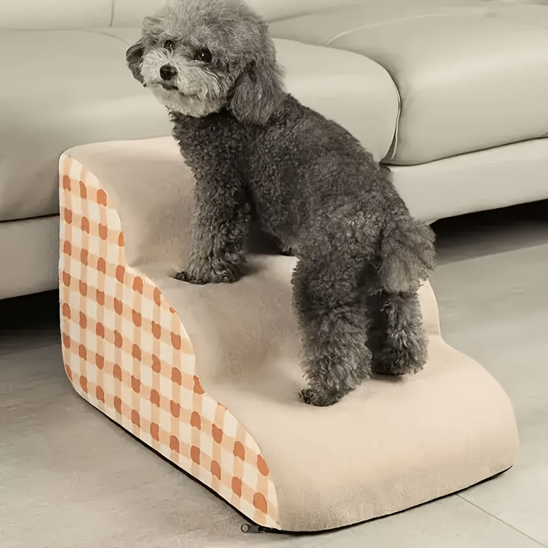 3-Step Polyester Pet Stairs with Non-Slip Base - Soft Fabric, Checkered Design, Ideal for Small and Medium Dogs & Cats, Removable Cover for Easy Cleaning, Pet Stairs | Checkered Pattern | Soft Fabric Stairs, Pet Stairs for Do