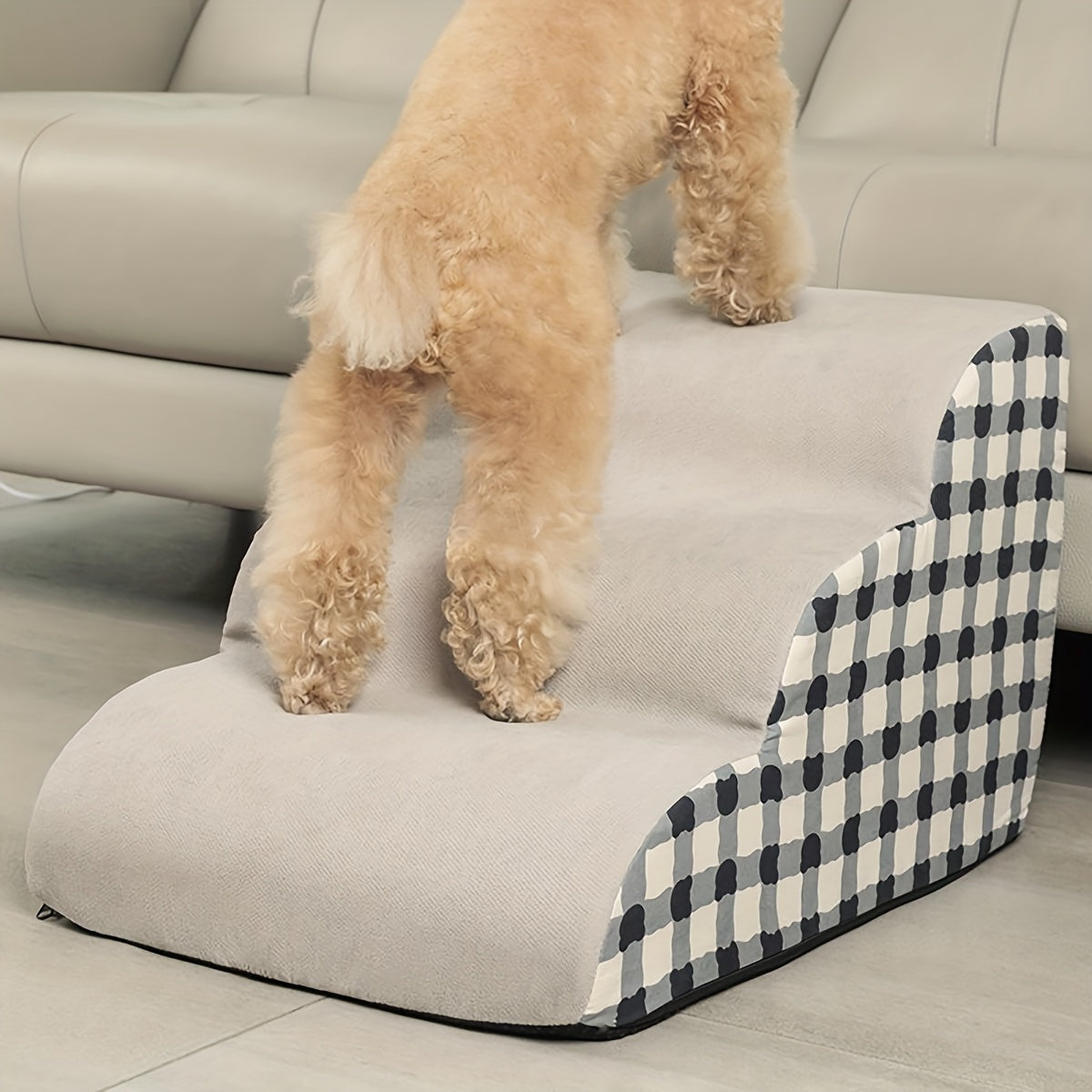 3-Step Polyester Pet Stairs with Non-Slip Base - Soft Fabric, Checkered Design, Ideal for Small and Medium Dogs & Cats, Removable Cover for Easy Cleaning, Pet Stairs | Checkered Pattern | Soft Fabric Stairs, Pet Stairs for Do