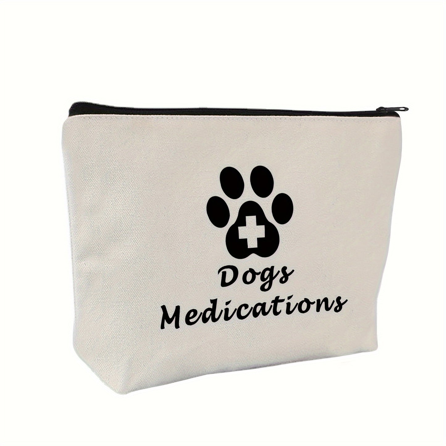 Beige Dog Medication Pouch with Black "DOGS MEDICATIONS" Print & Red Cross Design - Hypoallergenic Pet Care Storage Bag for Daycare or Vet Use, Pet Care Organizer | Functional Pet Bag | Durable Bag, Medication Bag