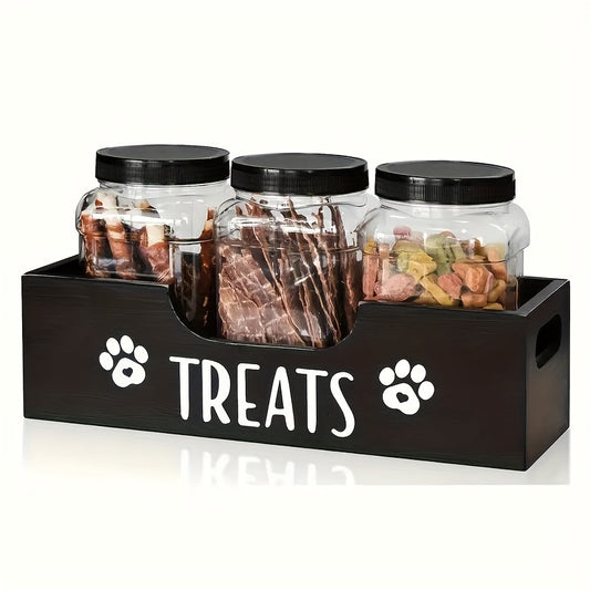 1pc Durable Wooden Pet Treat Holder with 3 Airtight Plastic Jars - Farmhouse Style Organizer for Dog & Cat Food Storage