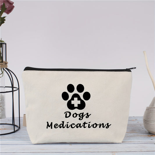 Beige Dog Medication Pouch with Black "DOGS MEDICATIONS" Print & Red Cross Design - Hypoallergenic Pet Care Storage Bag for Daycare or Vet Use, Pet Care Organizer | Functional Pet Bag | Durable Bag, Medication Bag