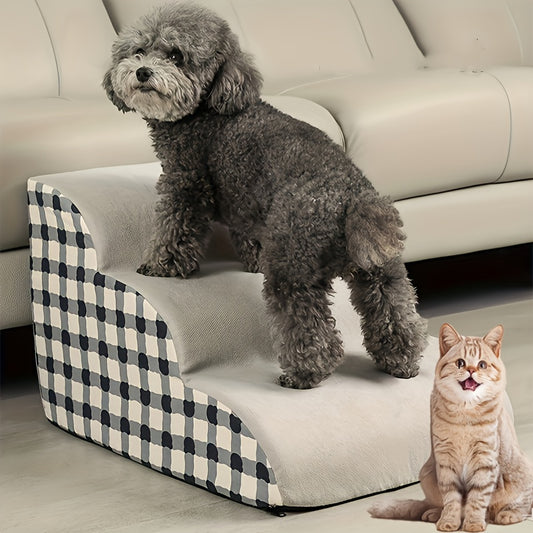 3-Step Polyester Pet Stairs with Non-Slip Base - Soft Fabric, Checkered Design, Ideal for Small and Medium Dogs & Cats, Removable Cover for Easy Cleaning, Pet Stairs | Checkered Pattern | Soft Fabric Stairs, Pet Stairs for Do